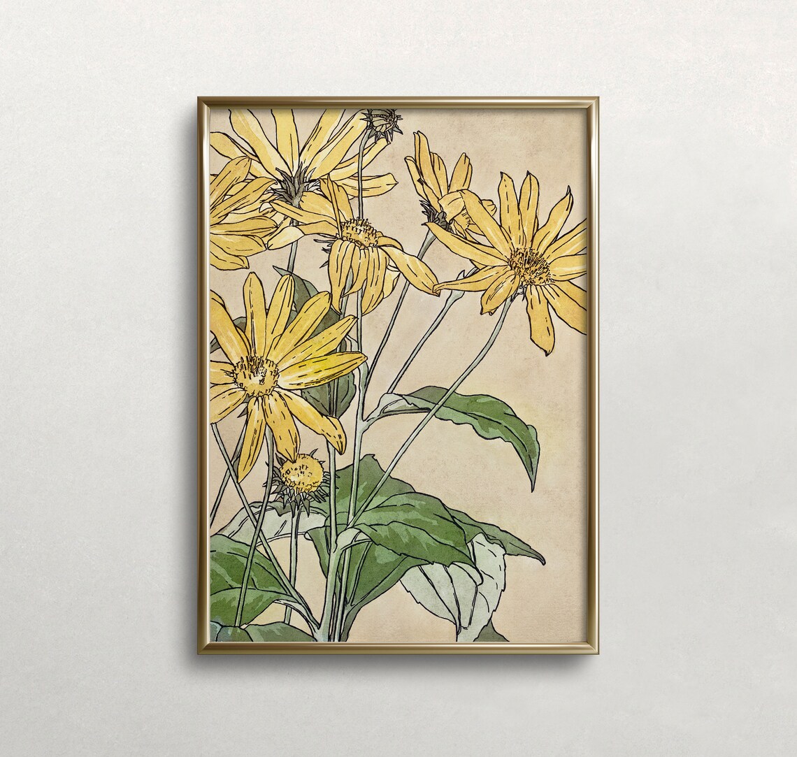 Yellow Flowers Vintage Floral Art Print, Eclectic