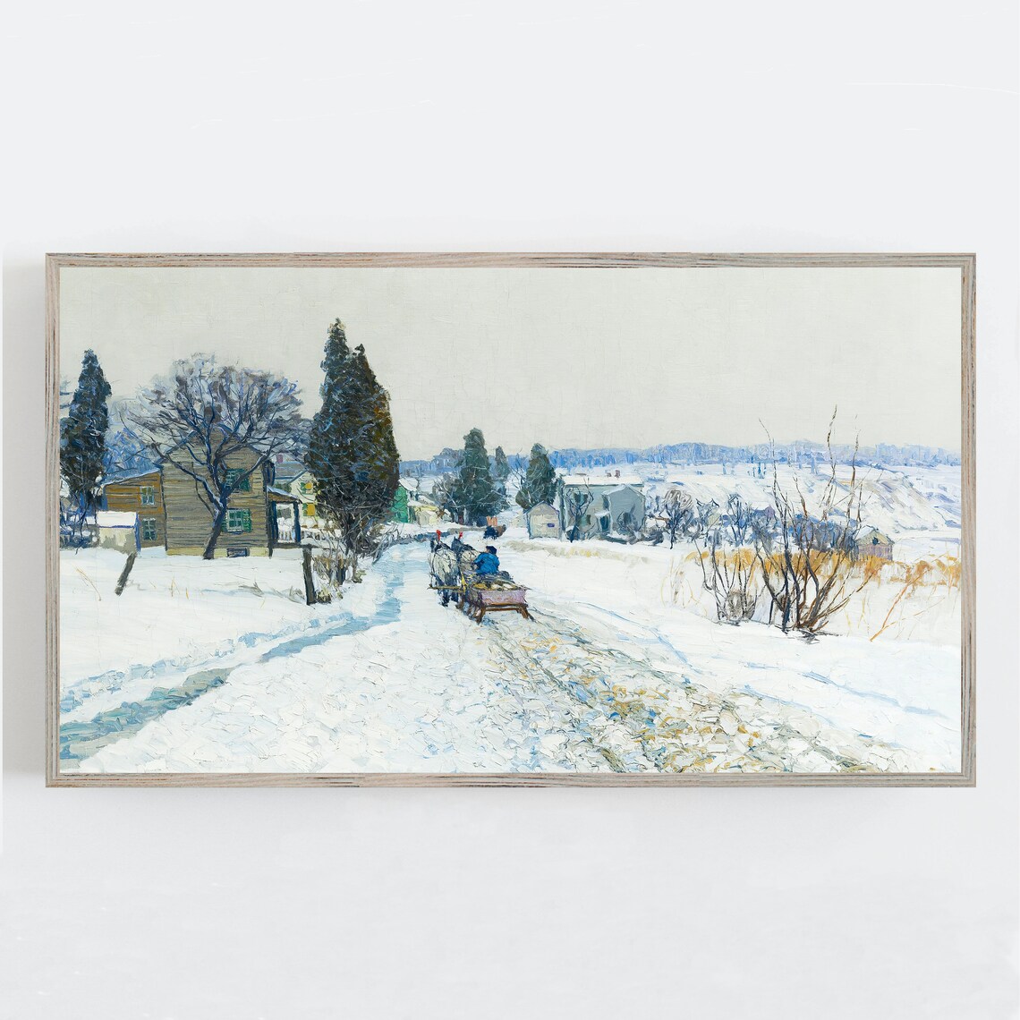 Horse Drawn Sleigh Snowy Village Road Vintage Winter Scene Poster