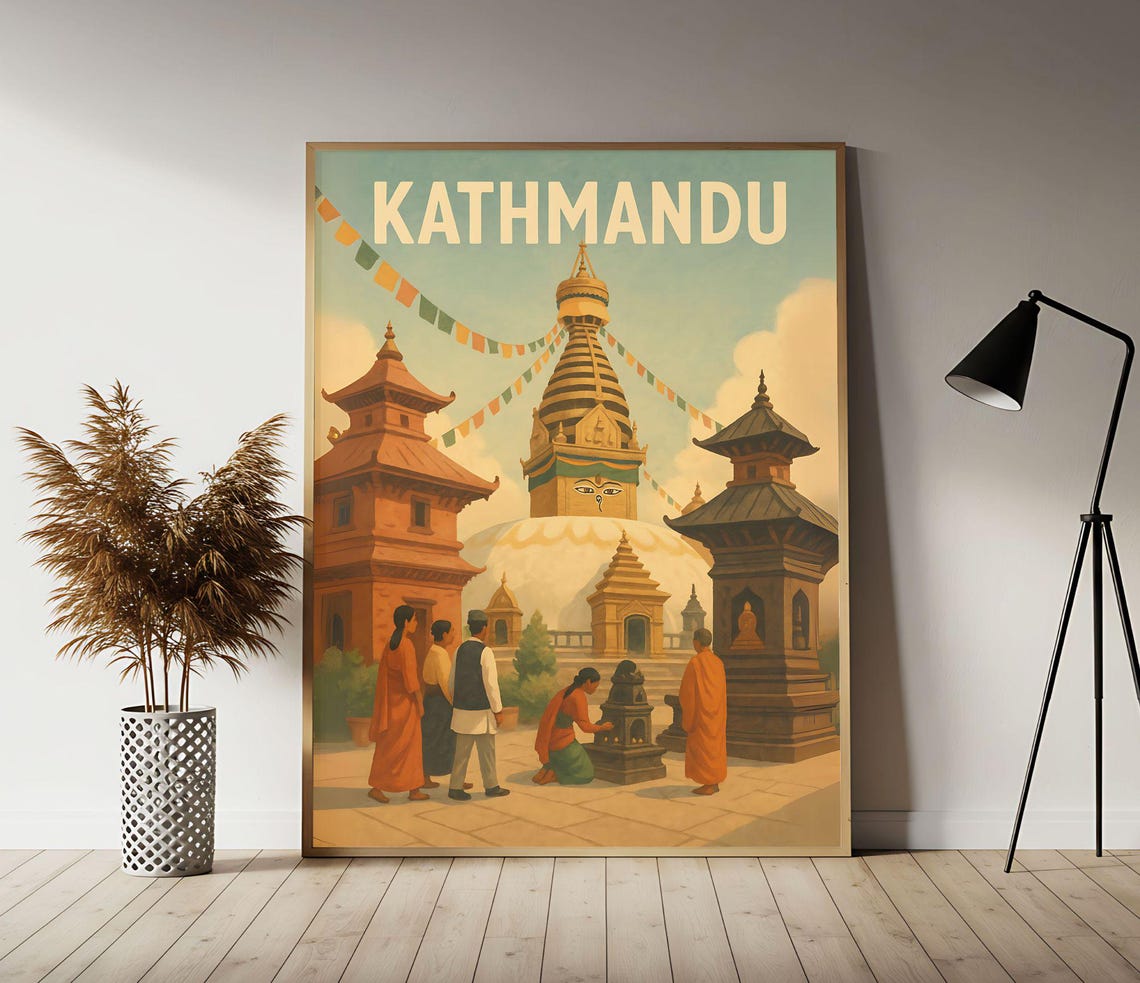 Kathmandu Boudhanath Stupa Prayer Flags Vintage Travel Poster