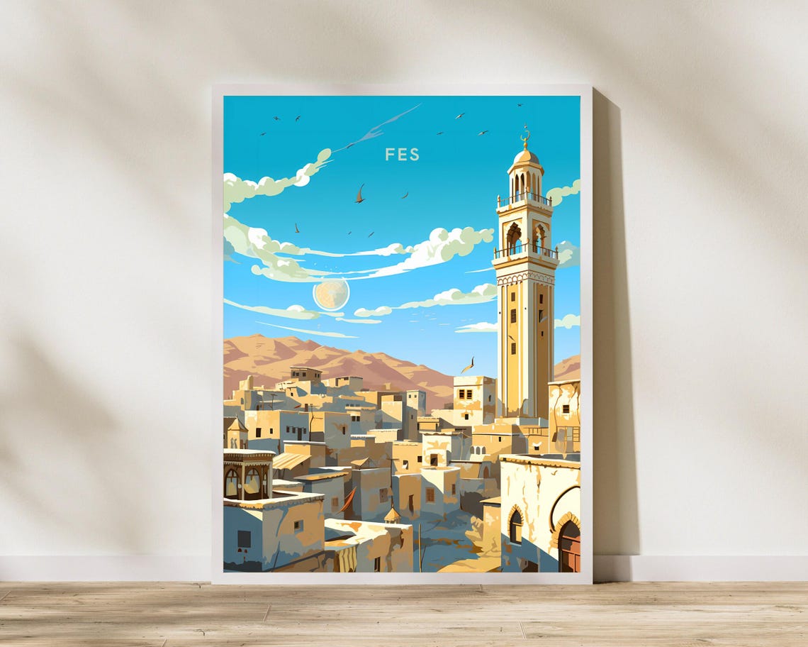 Fes Morocco Minaret Old Medina Skyline Vintage Travel Poster