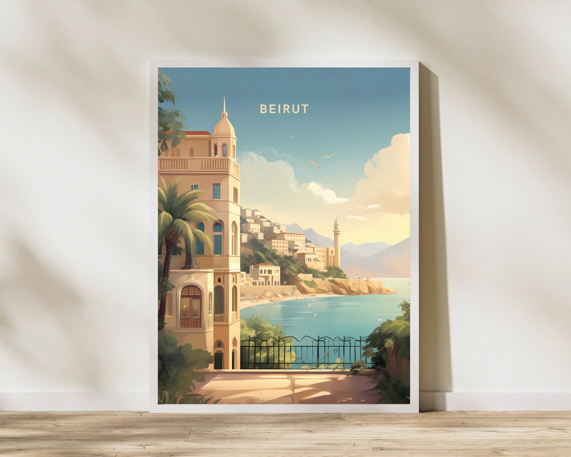 Beirut Lebanon Mediterranean Coastline Vintage Travel Poster