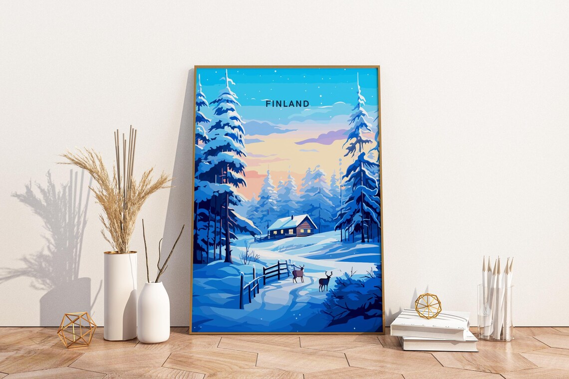 Finland Winter Cabin Snowy Pine Forest Reindeer Scene Poster