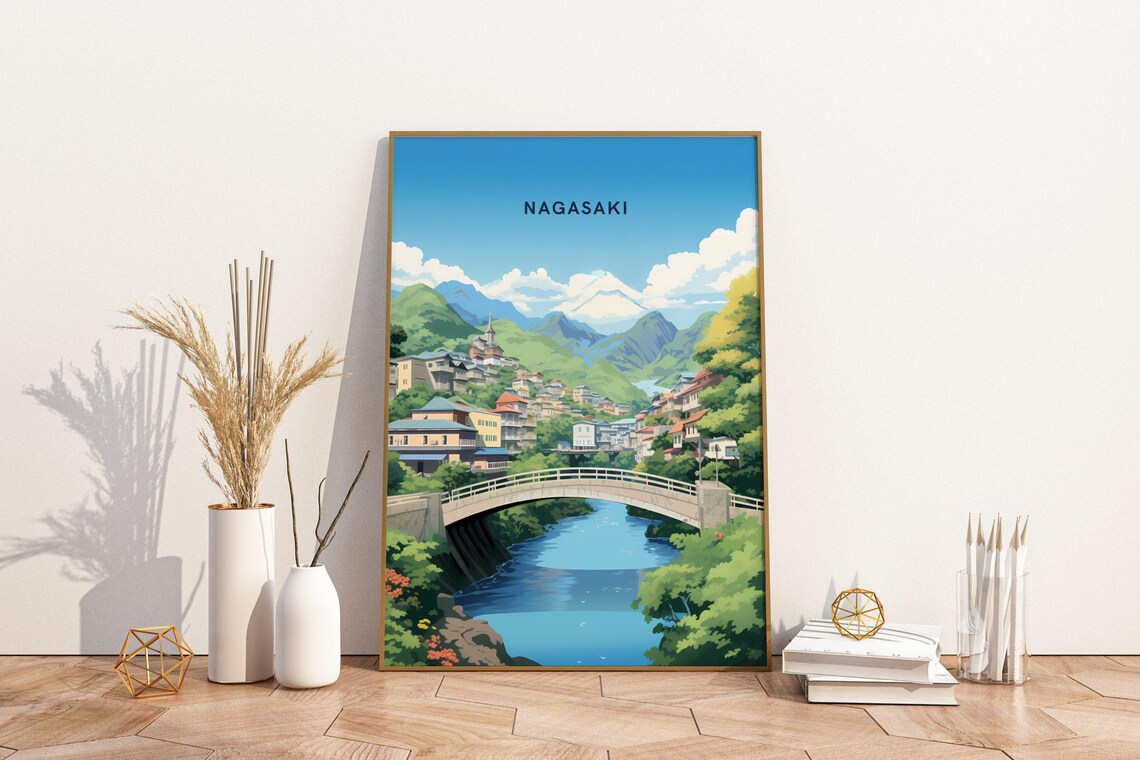 Nagasaki Japan River Bridge Hills Town Vintage Travel Poster