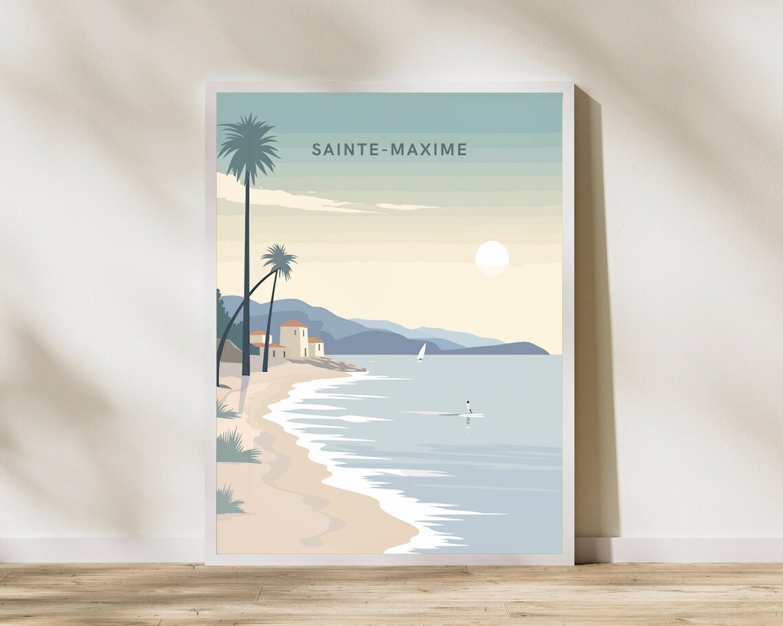 Sainte-Maxime France Pastel Beach Palms Minimalist Travel Poster