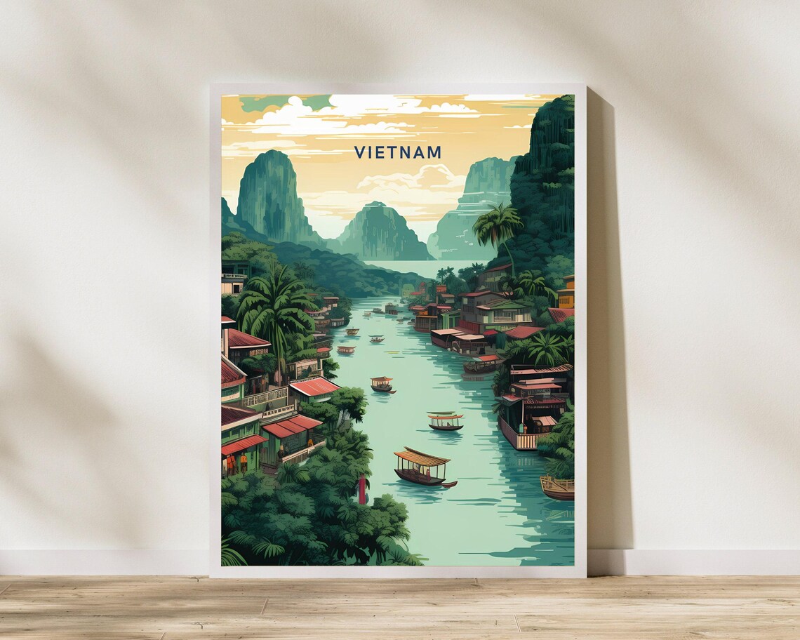 Vietnam River Boats Limestone Karsts Villages Vintage Travel Poster