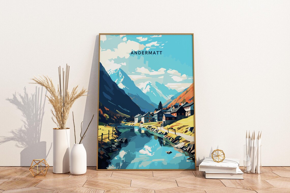 Andermatt Switzerland Alpine River Village Vintage Travel Poster