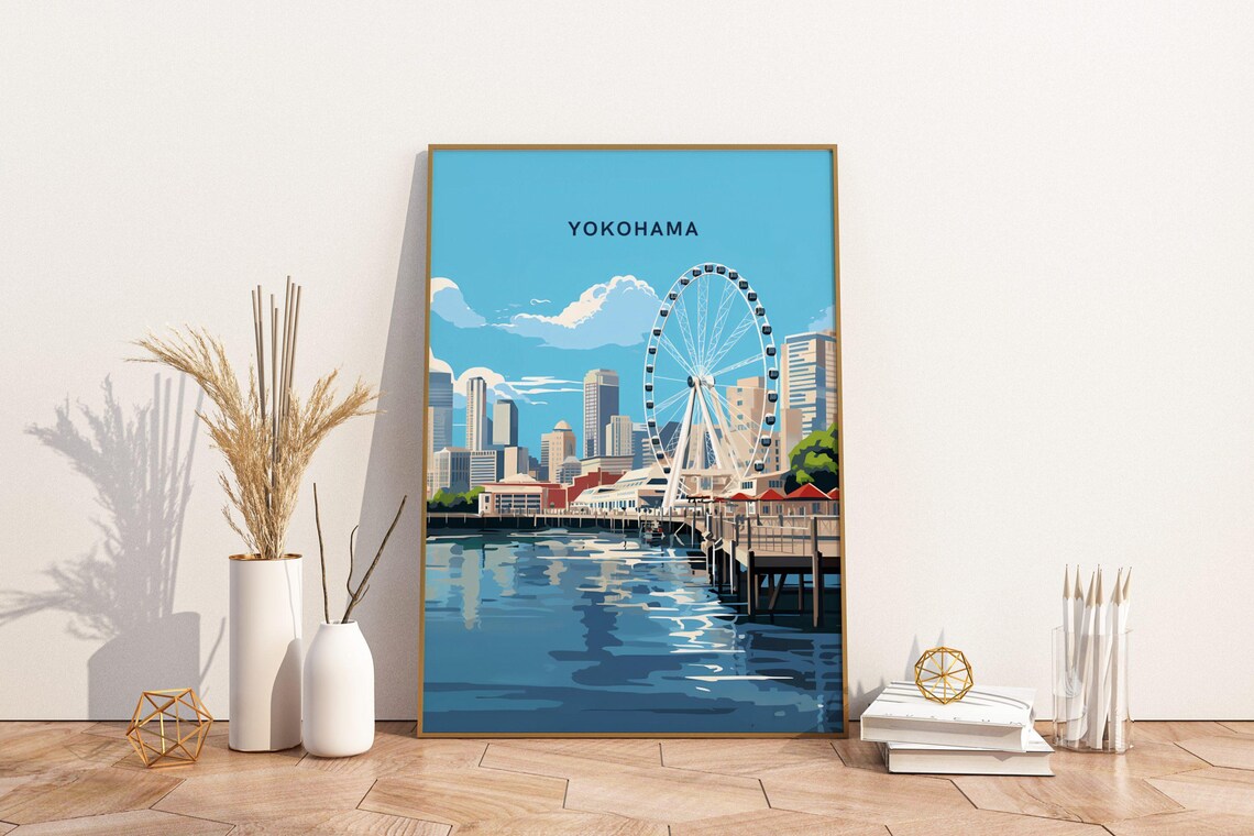 Yokohama Japan Harbour Ferris Wheel Skyline Travel Vintage Art Poster