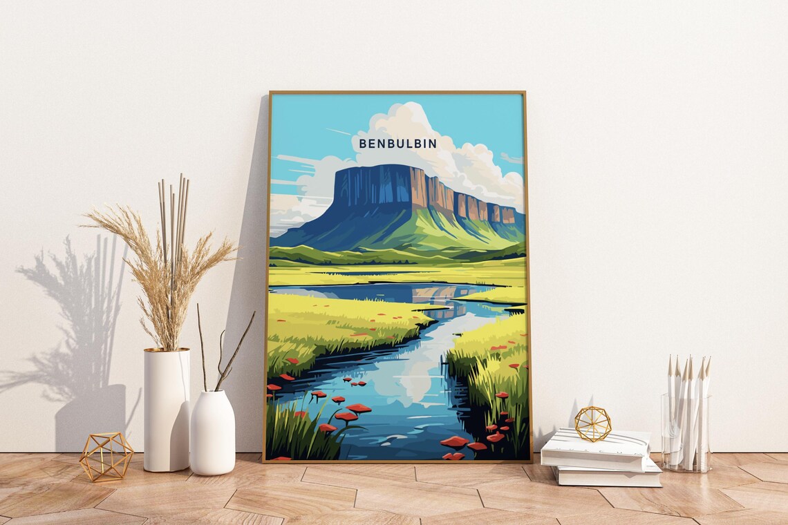 Benbulbin Ireland Travel Poster Flat Topped Mountain Lake Scene