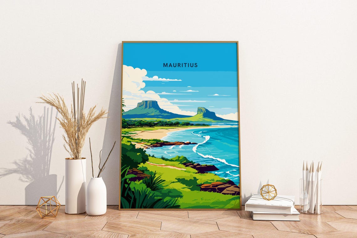 Mauritius Island Turquoise Beach Cove Green Mountain Travel Poster