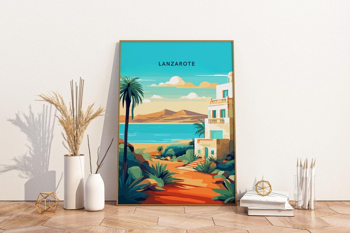 Lanzarote Spain Coastal Villa Turquoise Seaside Palms Travel Poster