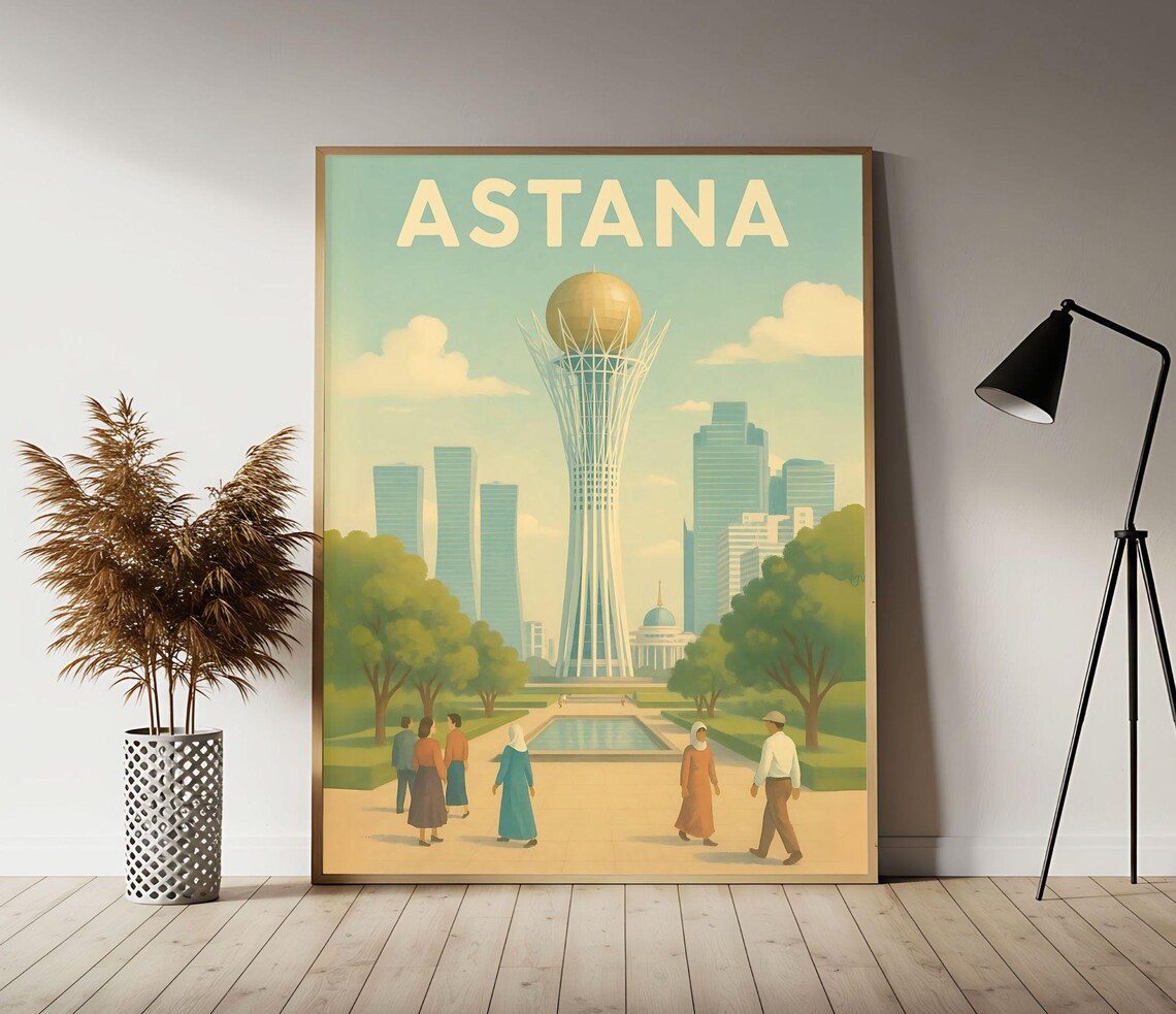 Astana Kazakhstan Bayterek Tower Golden Vintage Travel Poster