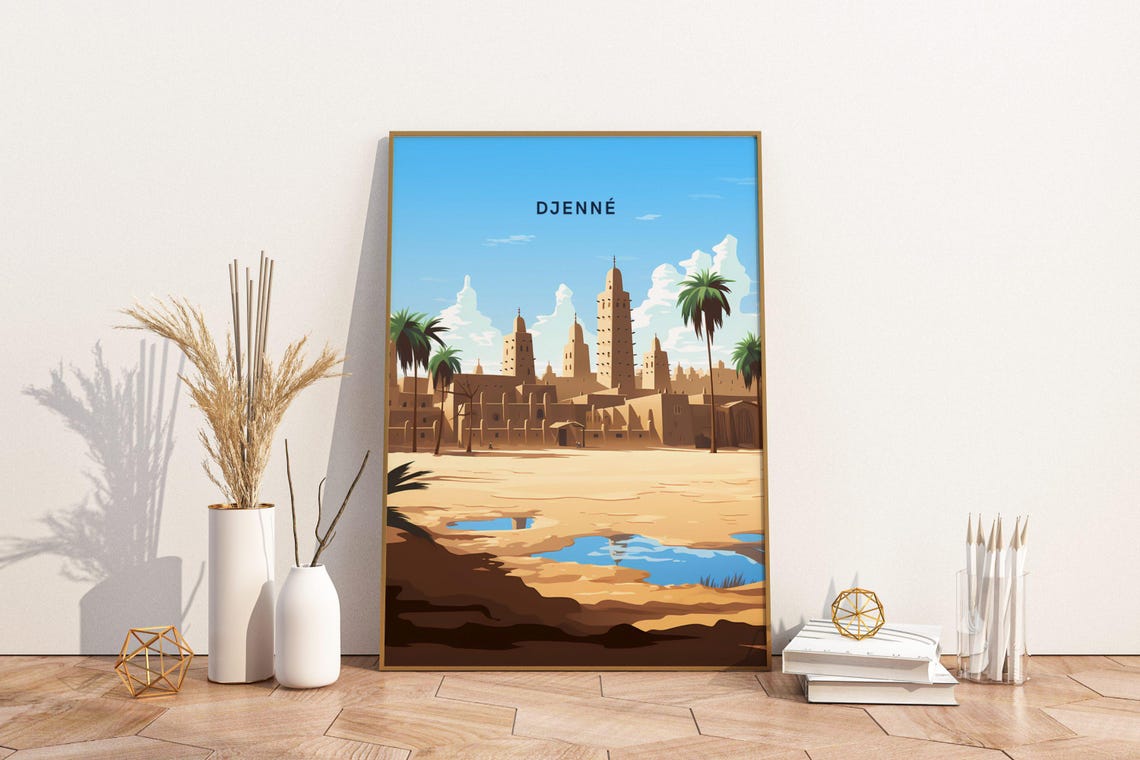 Djenne Mali Travel Poster with Great Mosque and Desert Oasis Art
