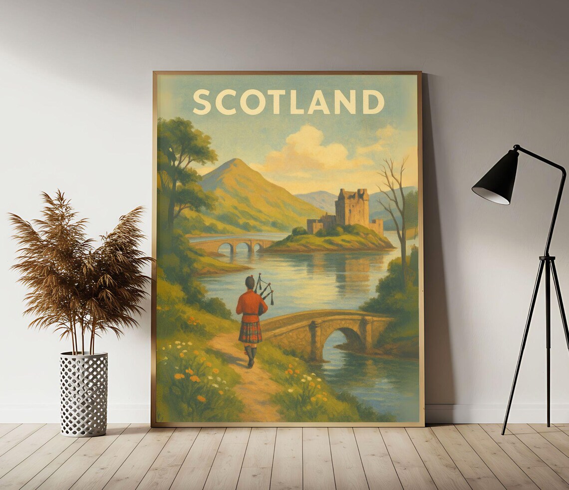 Scotland Bagpiper Eilean Donan Castle Loch Vintage Travel Poster