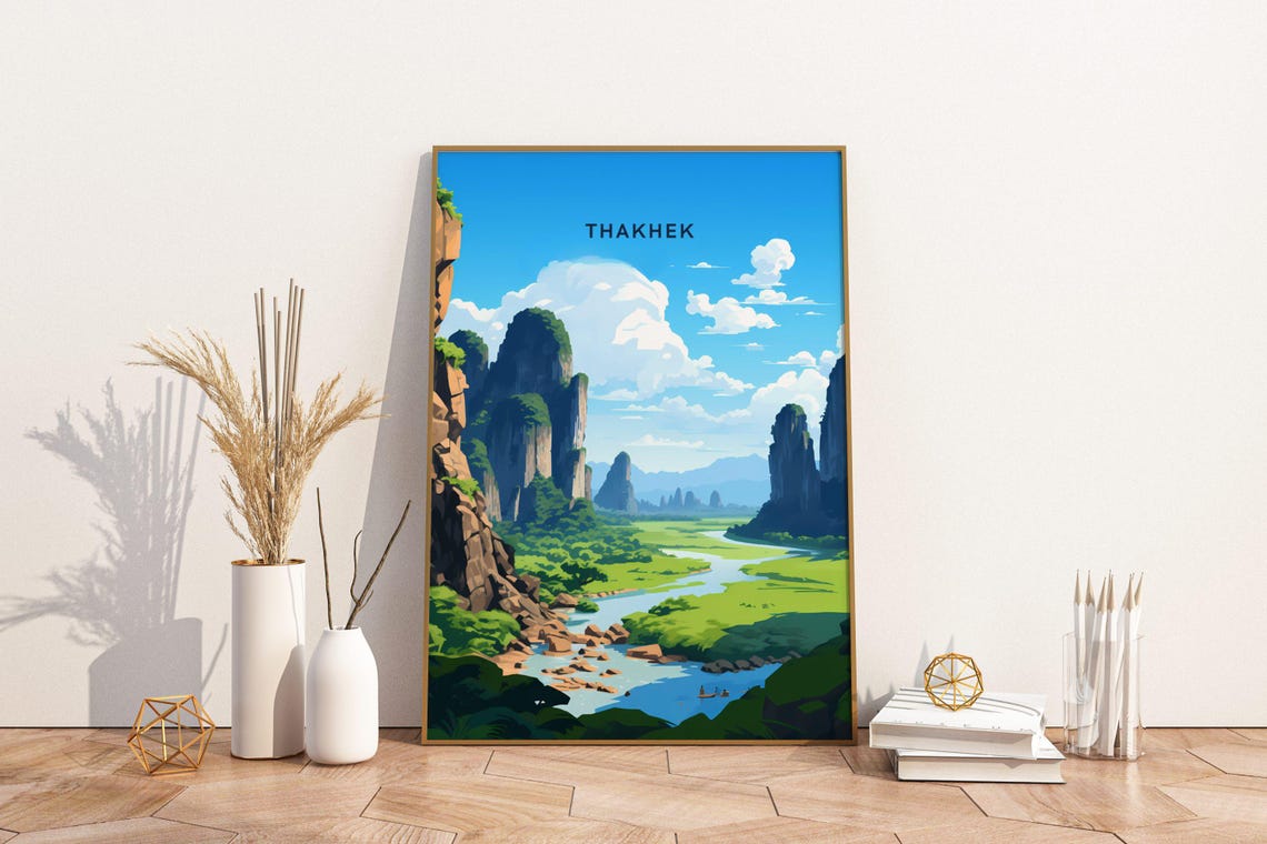 Thakhek Laos Karst Mountains River Valley Adventure Travel Poster