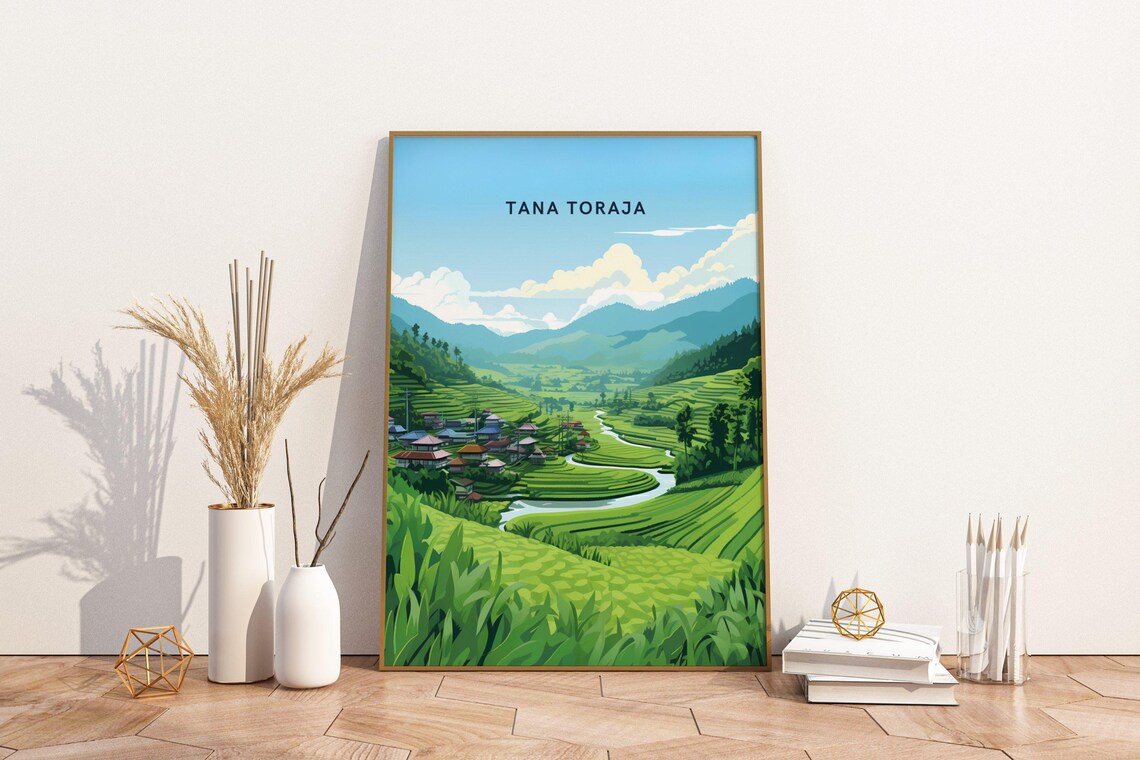 Tana Toraja Indonesia Rice Terraces Valley Vintage Travel Poster