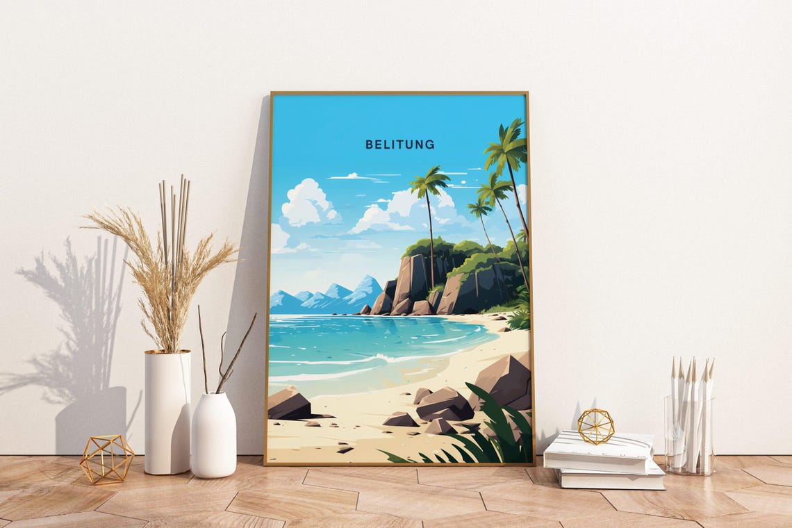Belitung Indonesia Tropical Beach Palms Vintage Travel Poster