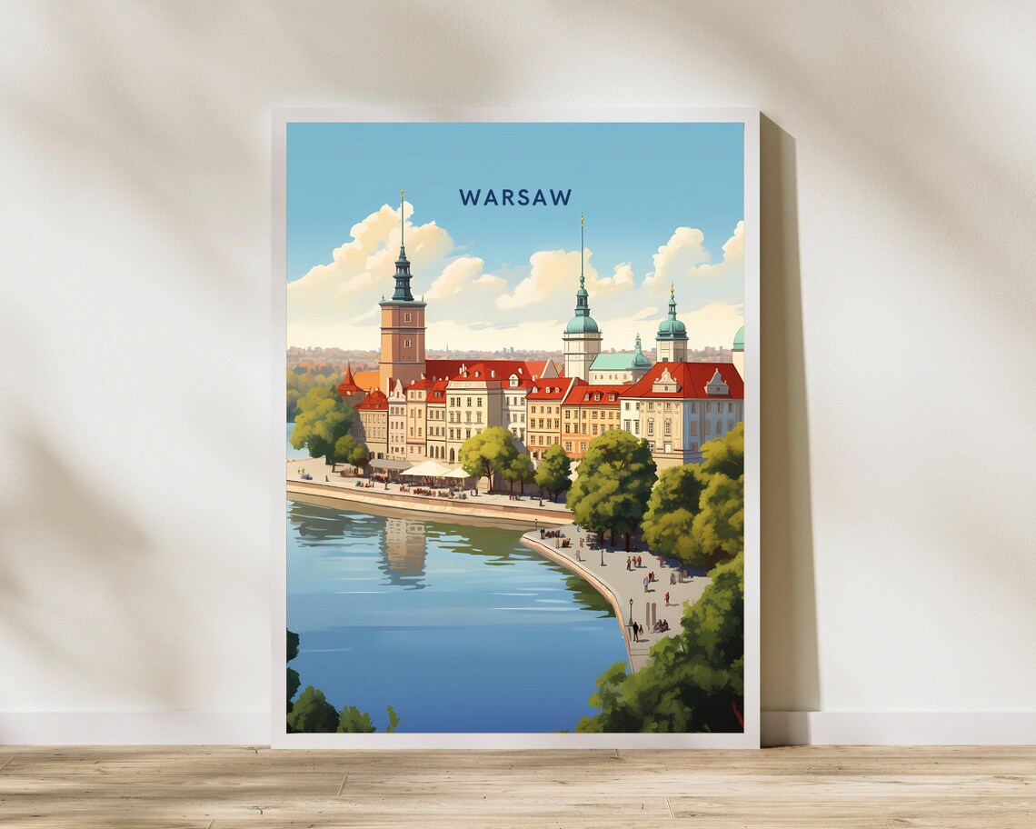 Warsaw Poland Old Town Vistula Riverside Summer Retro Travel Poster