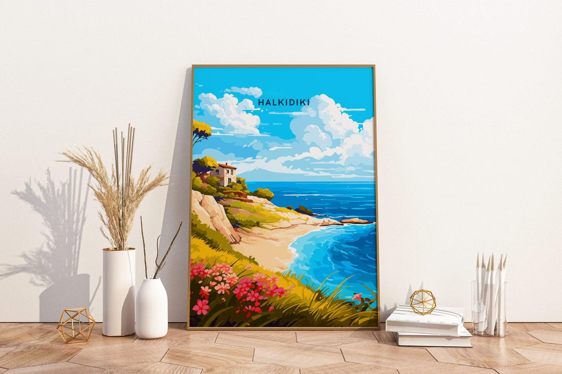 Halkidiki Greece Beach Coastline Vintage Style Travel Poster