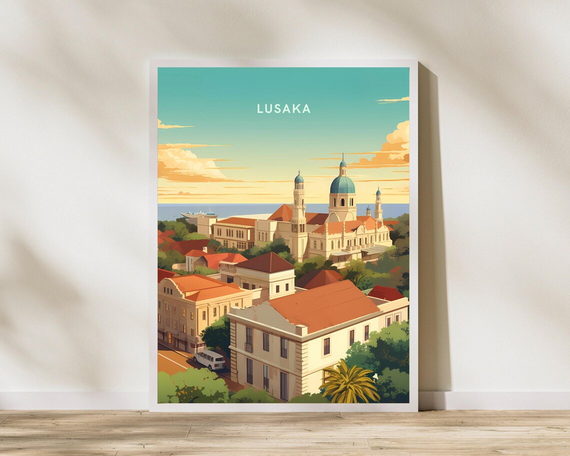 Lusaka Zambia Colonial Buildings Cityscape Vintage Style Travel Poster