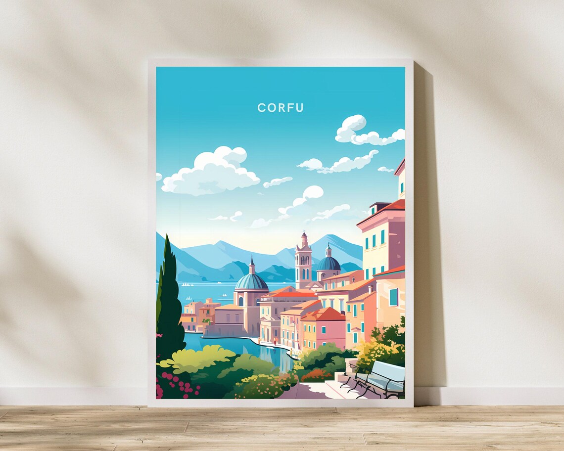 Corfu Greece Island Old Town Colorful Travel Illustration Poster