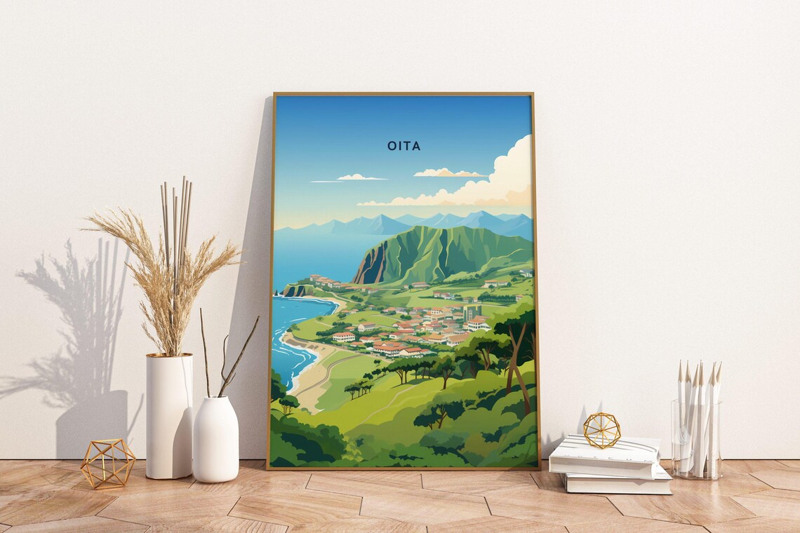 Oita Japan Green Coastal Hillside Seaside Town Travel Poster