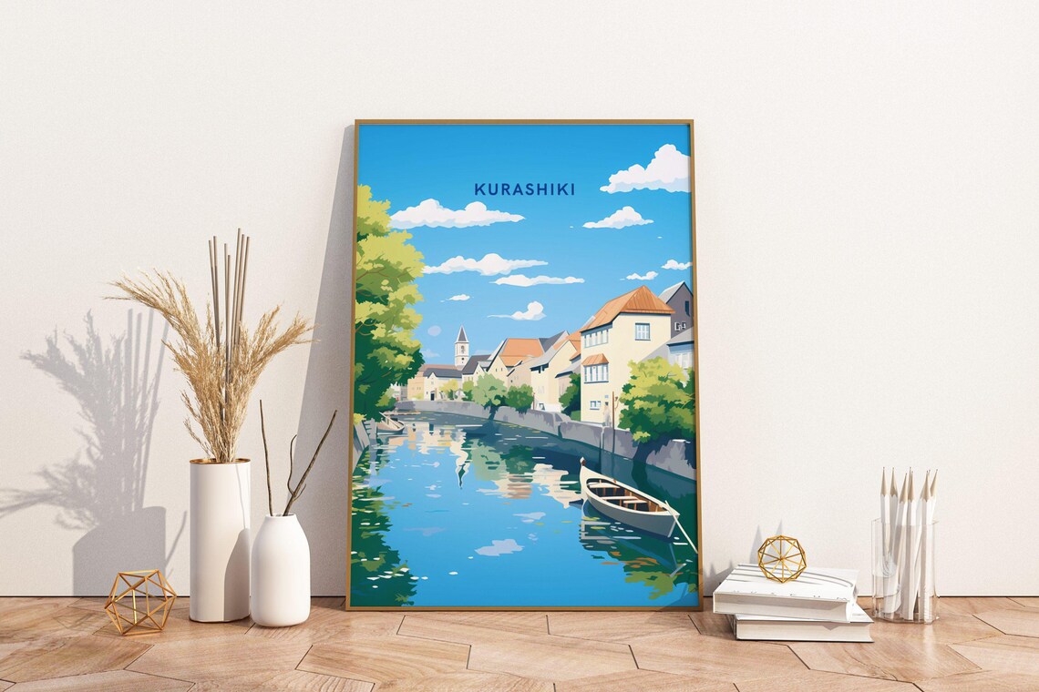 Kurashiki Japan Peaceful Canal Boat Historic Old Town Travel Poster