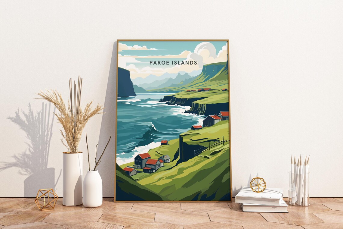Faroe Islands Coastal Fishing Village Green Cliffs Travel Poster