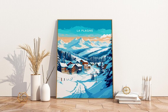 La Plagne French Alps Snowy Ski Village Winter Travel Poster