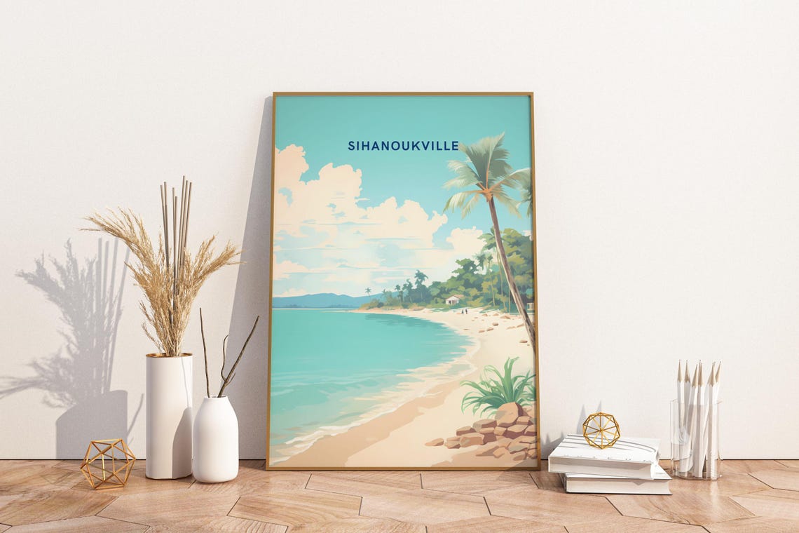 Sihanoukville Cambodia Tropical Beach Palm Tree Travel Poster