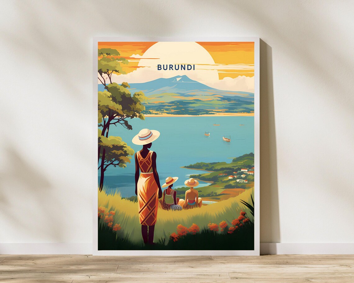 Burundi Africa Golden Lakeside Sunset Panorama Vintage Travel Poster