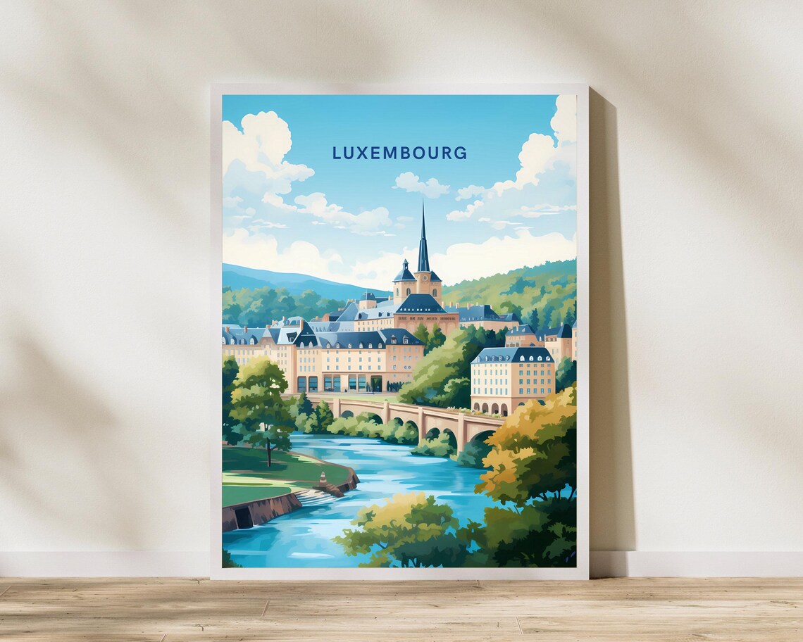 Luxembourg City Old Town River Valley Bridge Illustration Poster