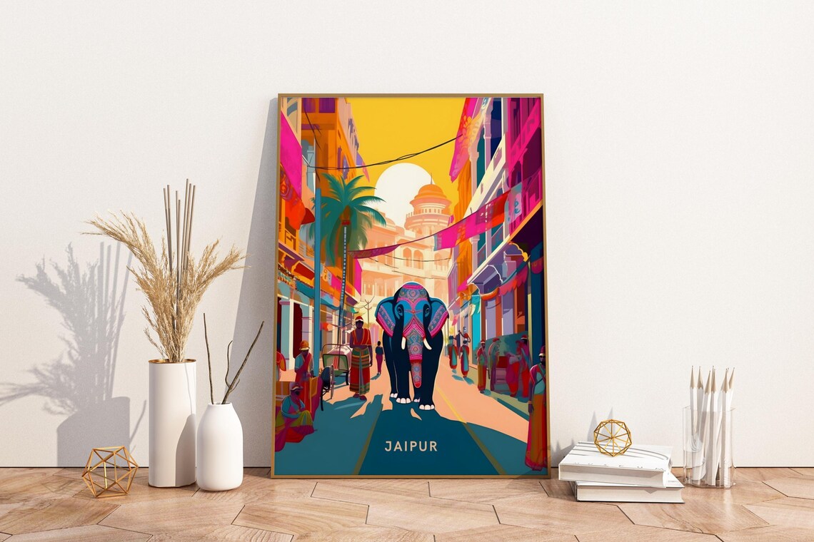 Jaipur India Colorful Street Decorated Elephant Sunset Travel Poster