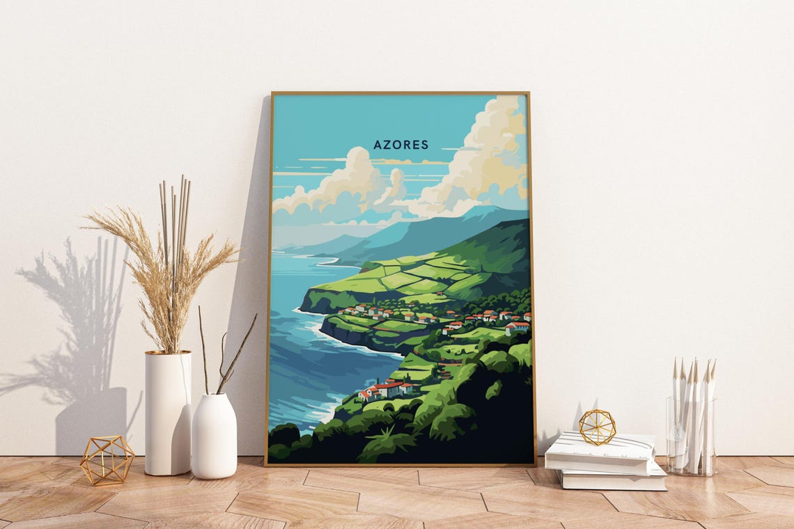 Azores Portugal Travel Poster Lush Green Coastal Cliffs Artwork