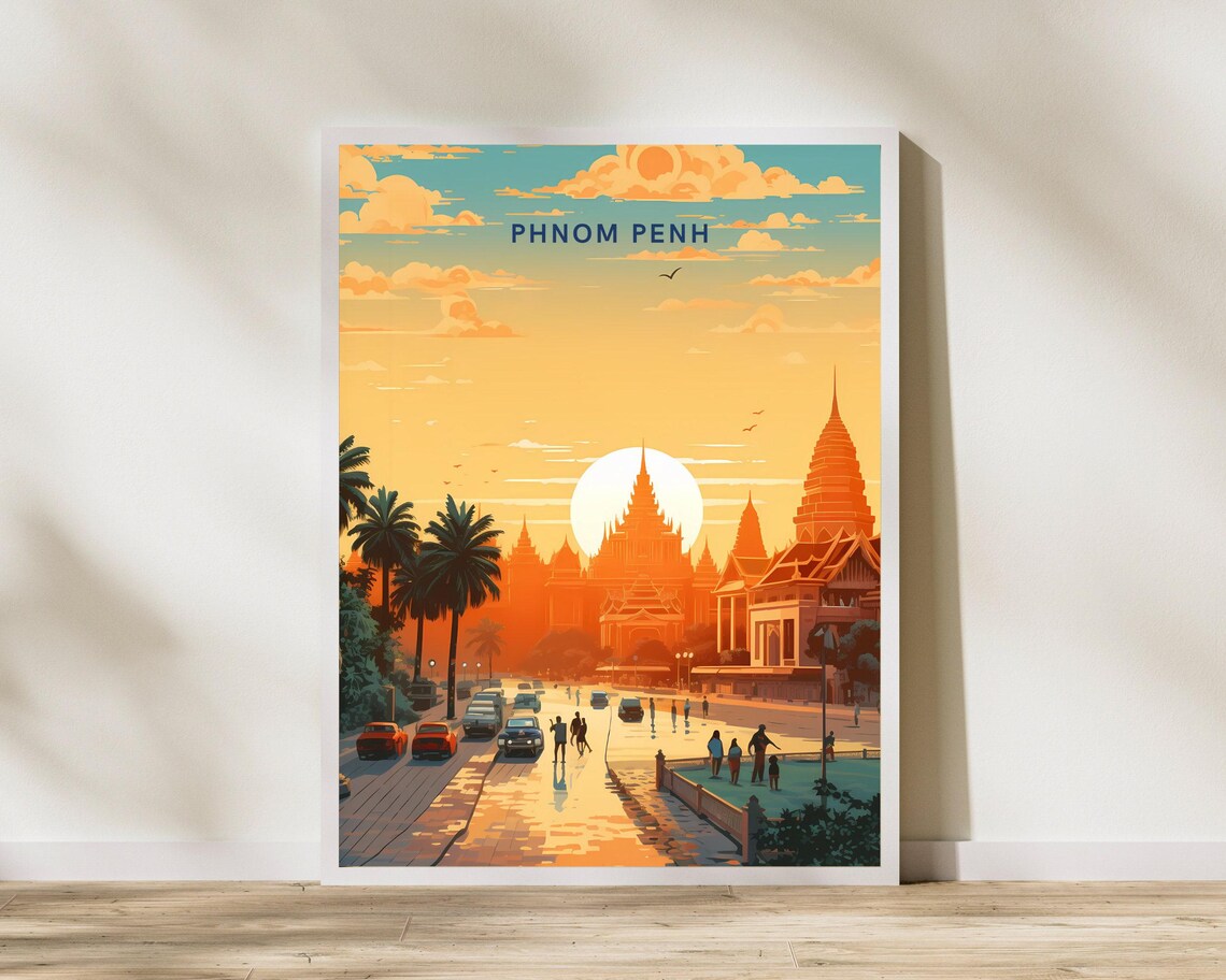 Phnom Penh Cambodia Sunset Street Temple Scene Travel Poster