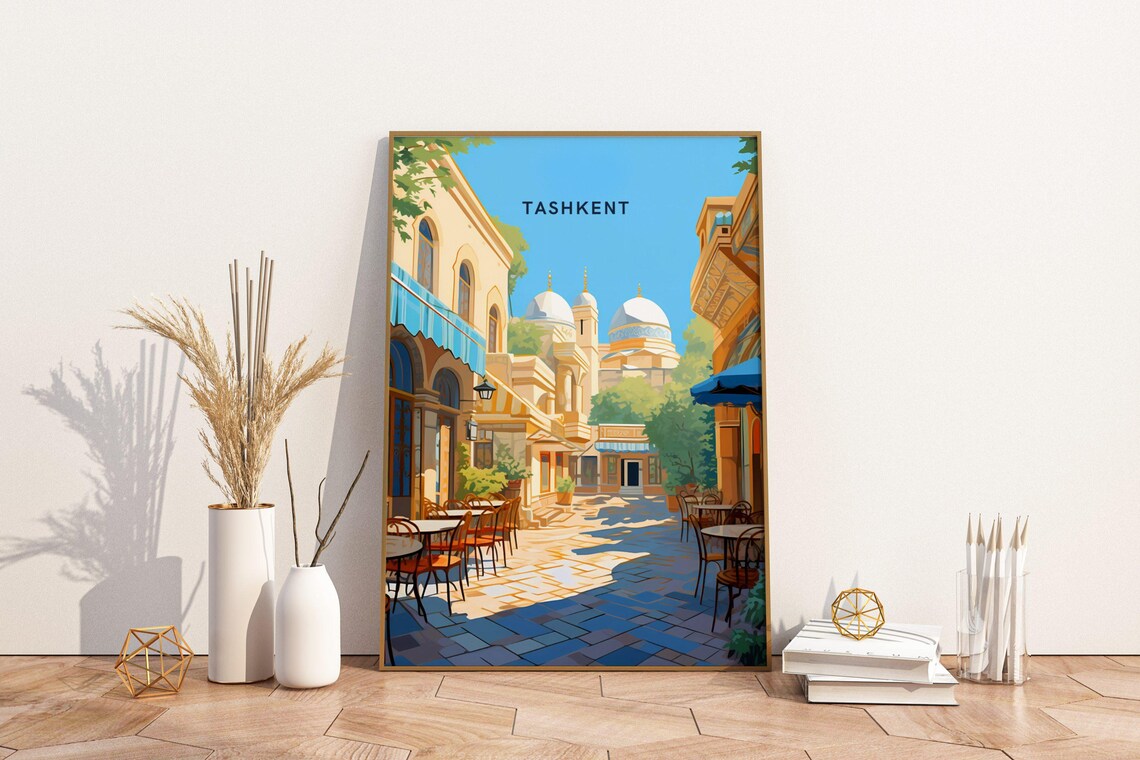 Tashkent Uzbekistan Old Town Street Travel Poster With Blue Domes