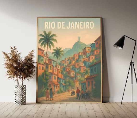 Rio De Janeiro Brazil Favela and Christ Vintage Travel Poster