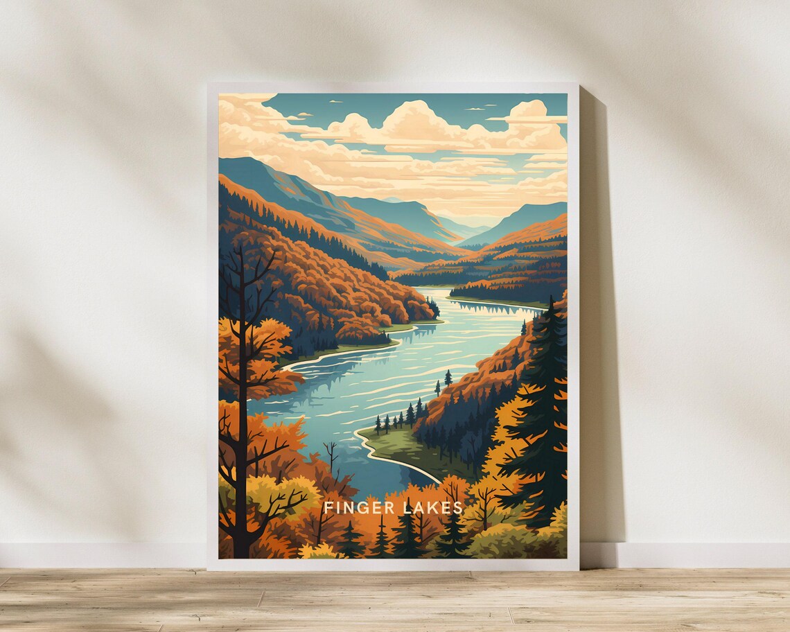 Finger Lakes New York Autumn Valley Vintage Scenic Travel Poster