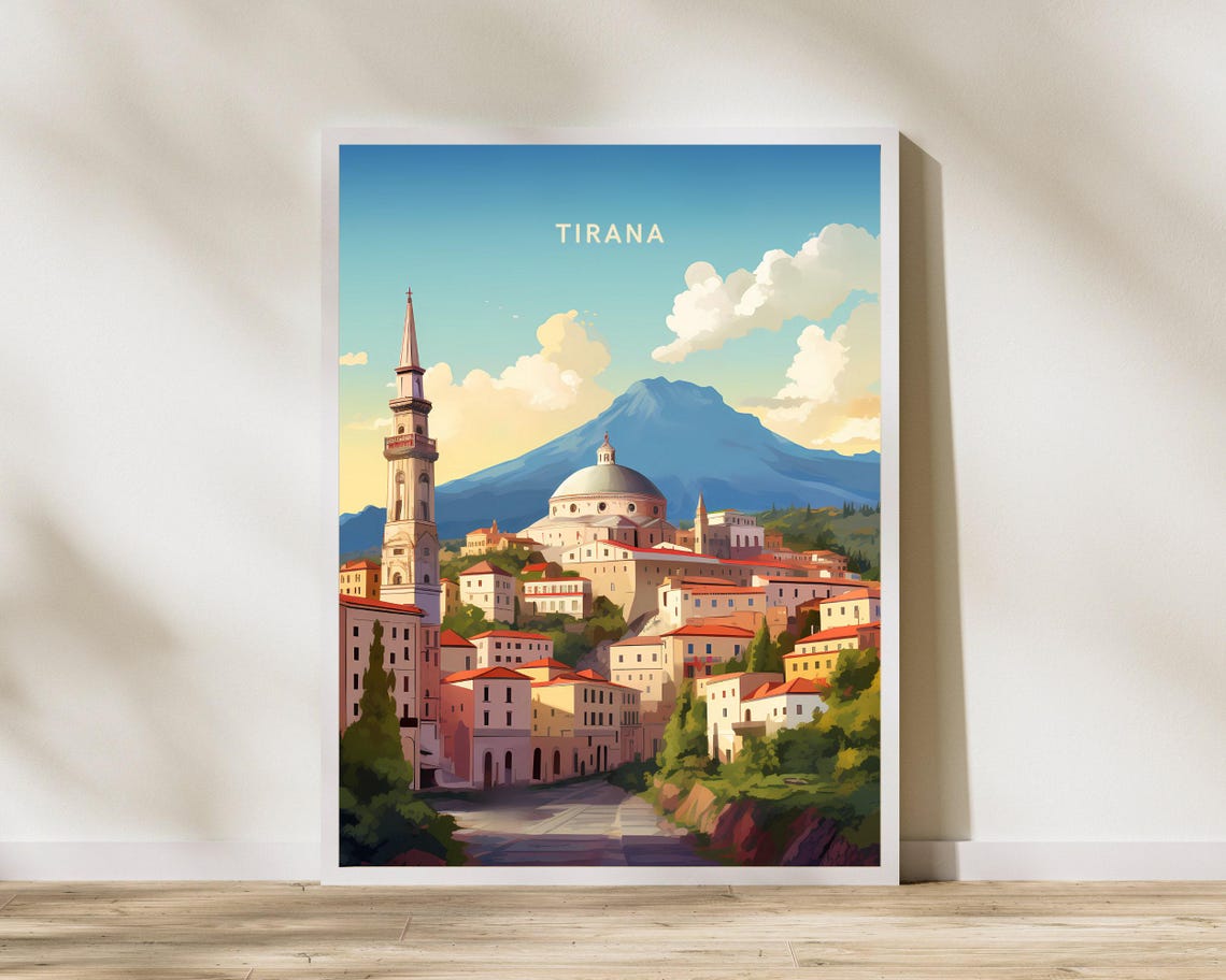 Tirana Albania Mosque Minaret Mountain Town Vintage Travel Poster