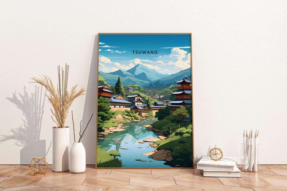 Tsuwano Japan Riverside Temples Mountain View Retro Travel Poster