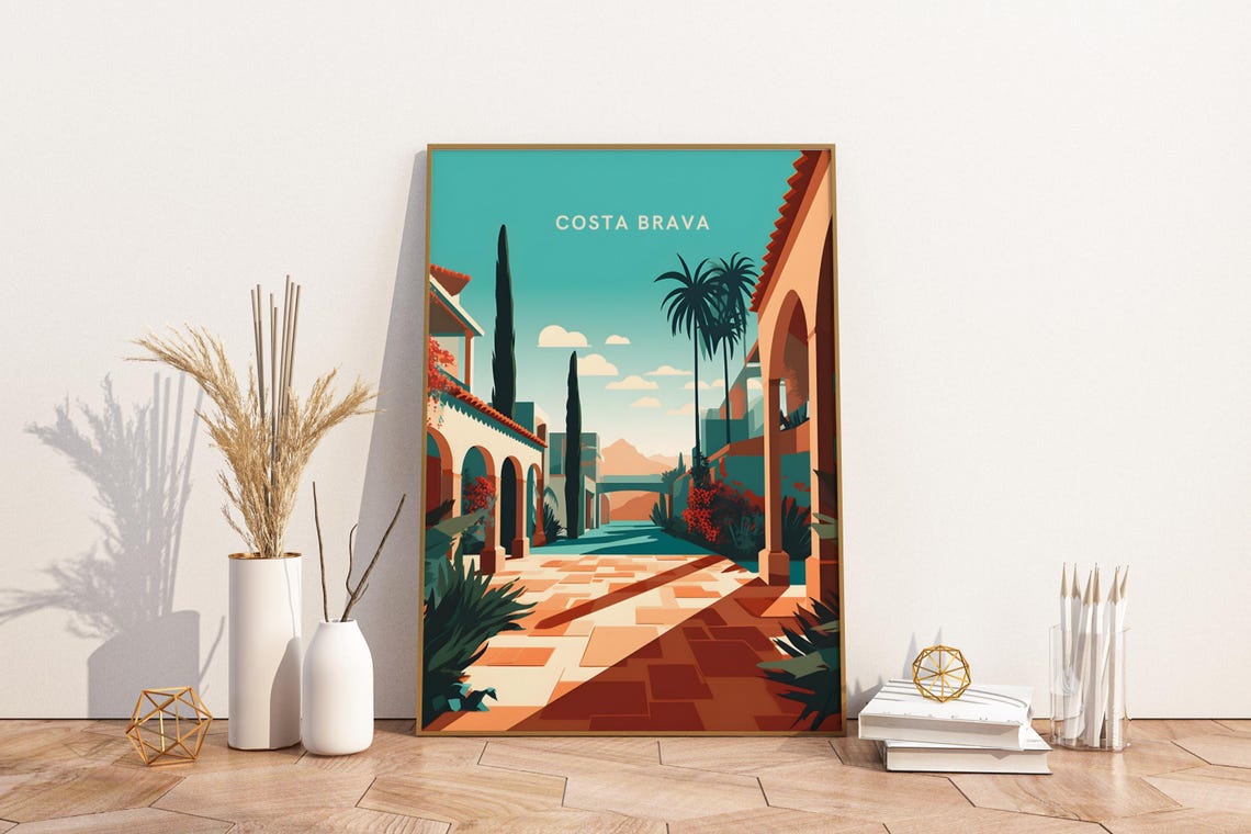 Costa Brava Spain Courtyard Arches Palms Travel Illustration Poster