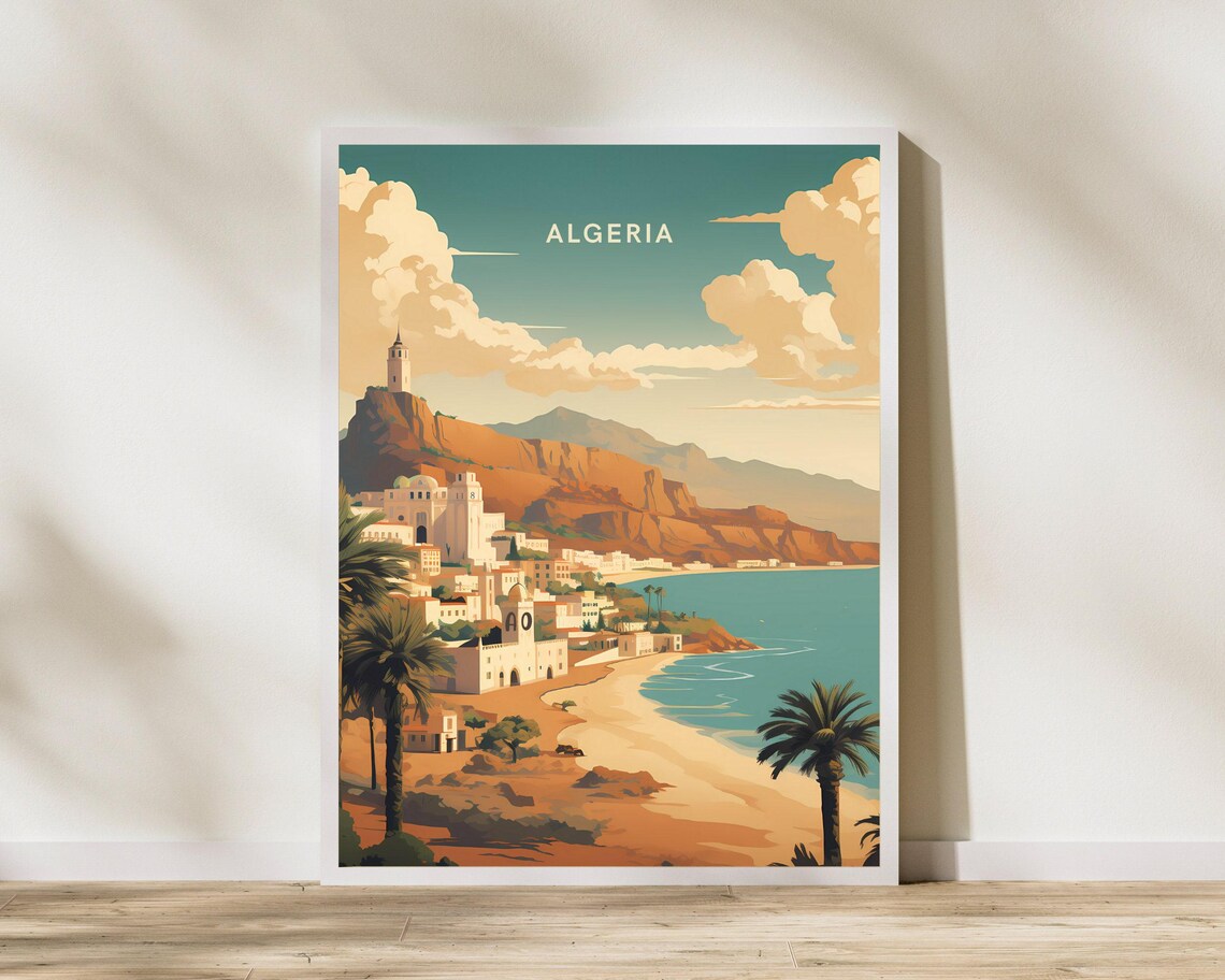 Algeria Coastal Town Fort Tower Beach Bay Vintage Travel Poster