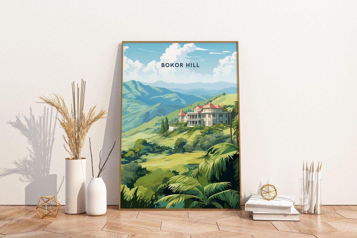 Bokor Hill Cambodia Colonial Mansion Mountain Travel Art Poster