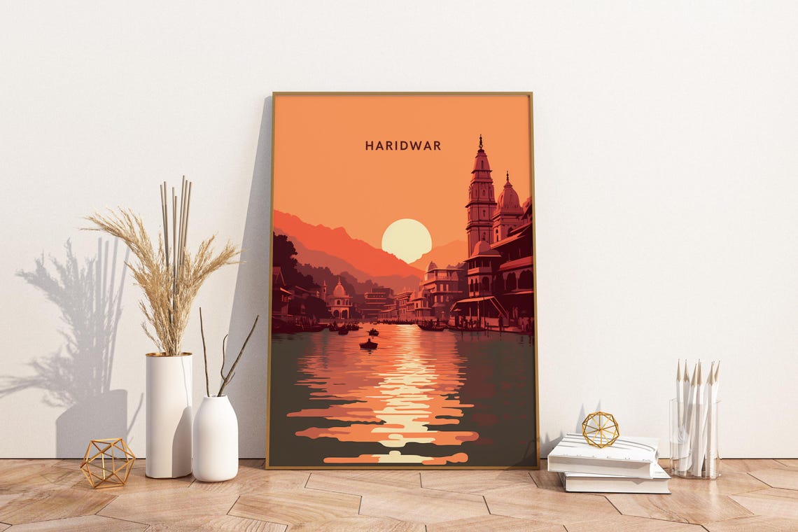 Haridwar India Ganges Sunset Temples Riverside Travel Art Poster