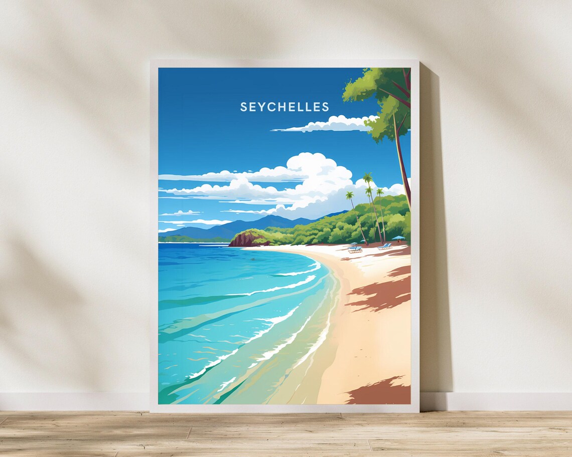 Seychelles Tropical Beach Palm Paradise Travel Illustration Poster