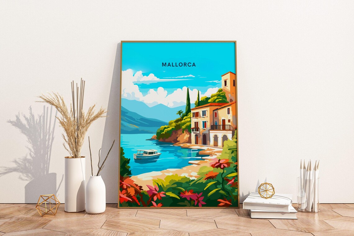 Mallorca Spain Mediterranean Cove Villa Boat Vintage Travel Poster