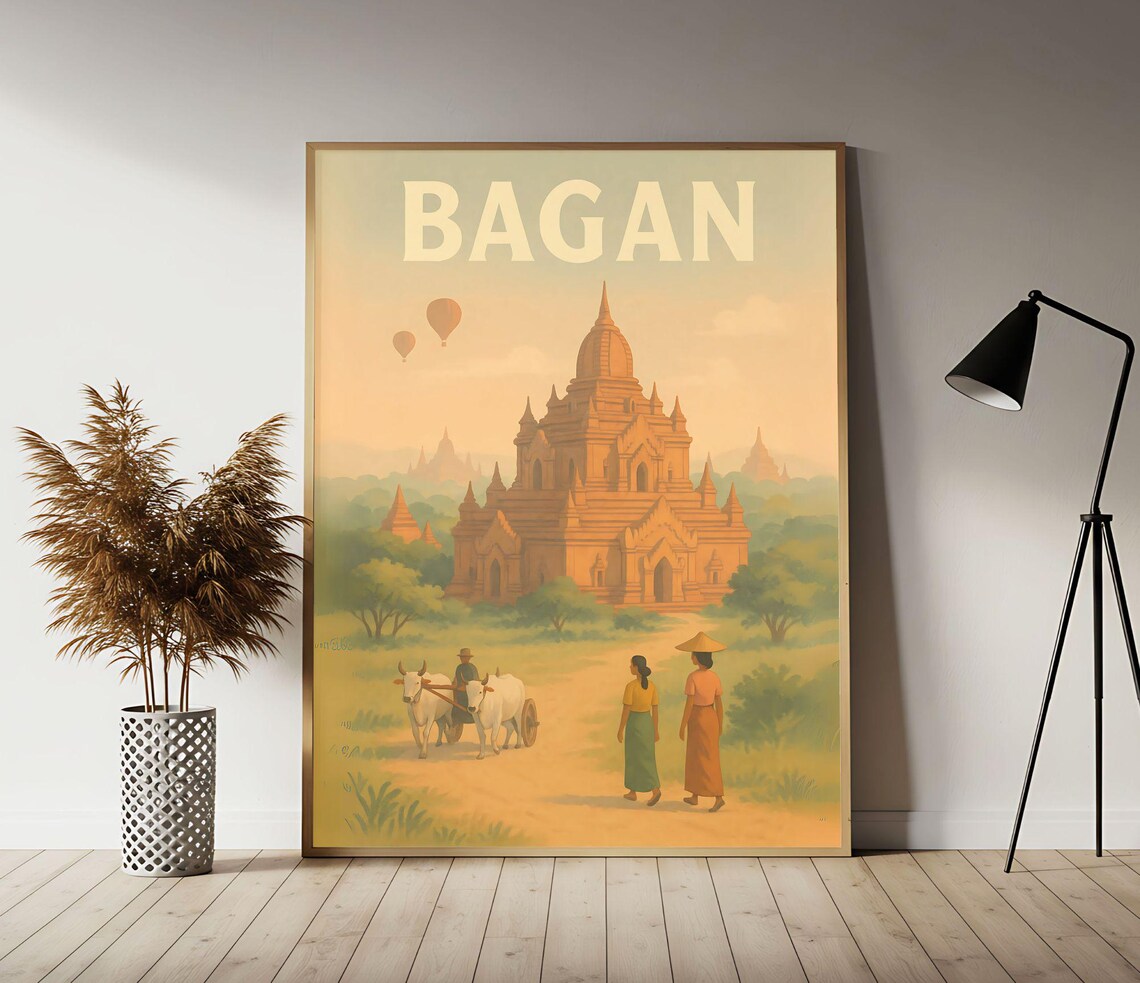 Ancient Bagan Temples Hot Air Balloons Golden Myanmar Travel Poster