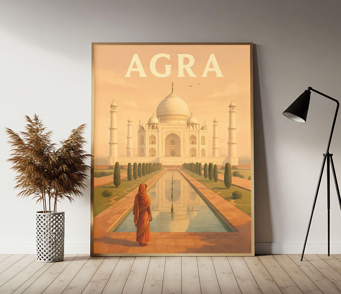 Agra Taj Mahal Reflection Sunset Classic Vintage Travel Poster