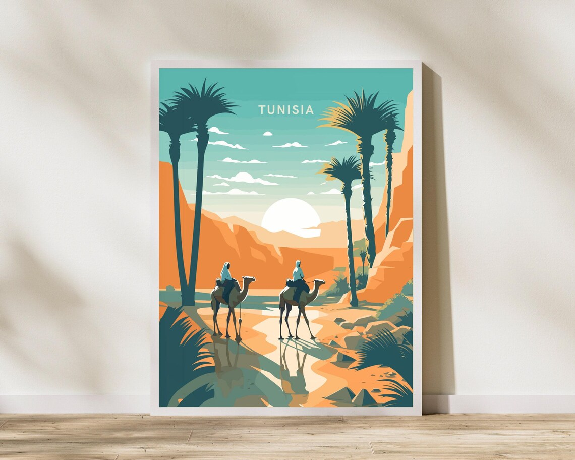 Tunisia Desert Oasis Camel Caravan Sunset Illustrated Travel Poster