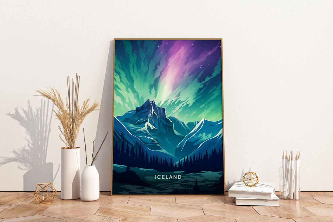 Iceland Northern Lights Aurora Over Snowy Mountain Peaks Poster