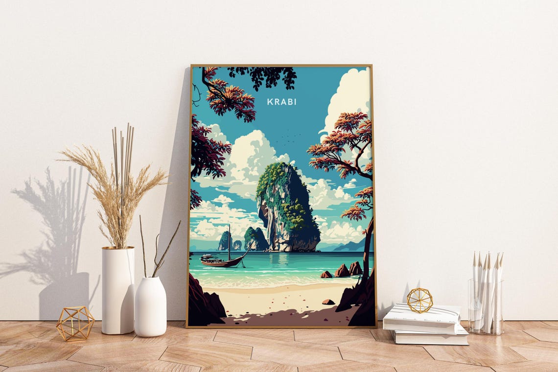 Krabi Thailand Tropical Beach Cliffs Longtail Boat Travel Poster